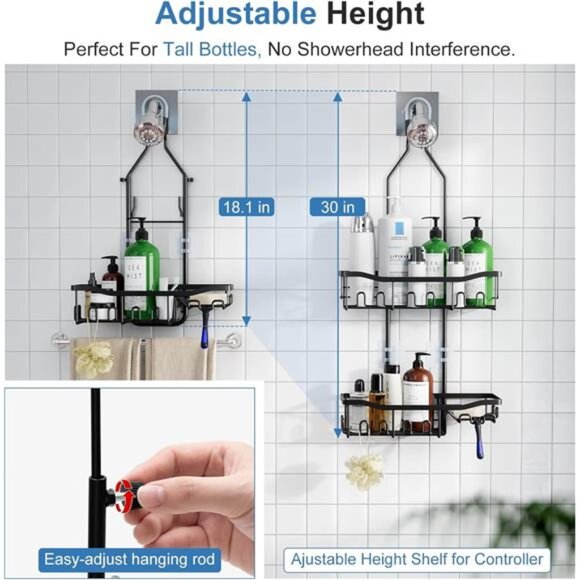 Upgraded Extended Length Shower Organizer with Hooks, Rustproof Shampoo Soap - Picture 3 of 14